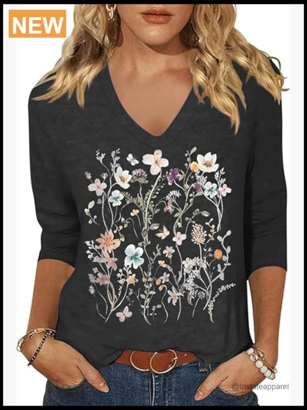 Boho Floral V Neck Shirt Women's 3/4 Sleeve Tee Casual Basic Pullover Top